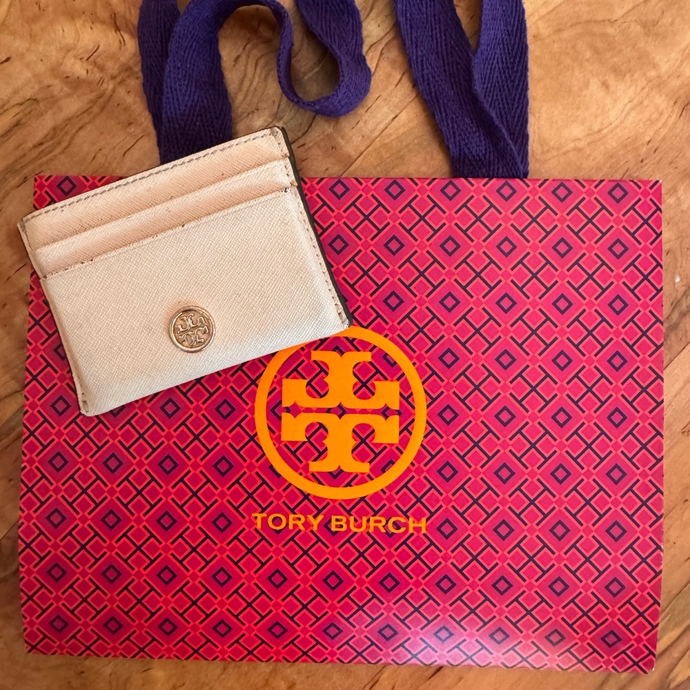 Tory Burch Pale Pink Leather Card Case with Gold Logo